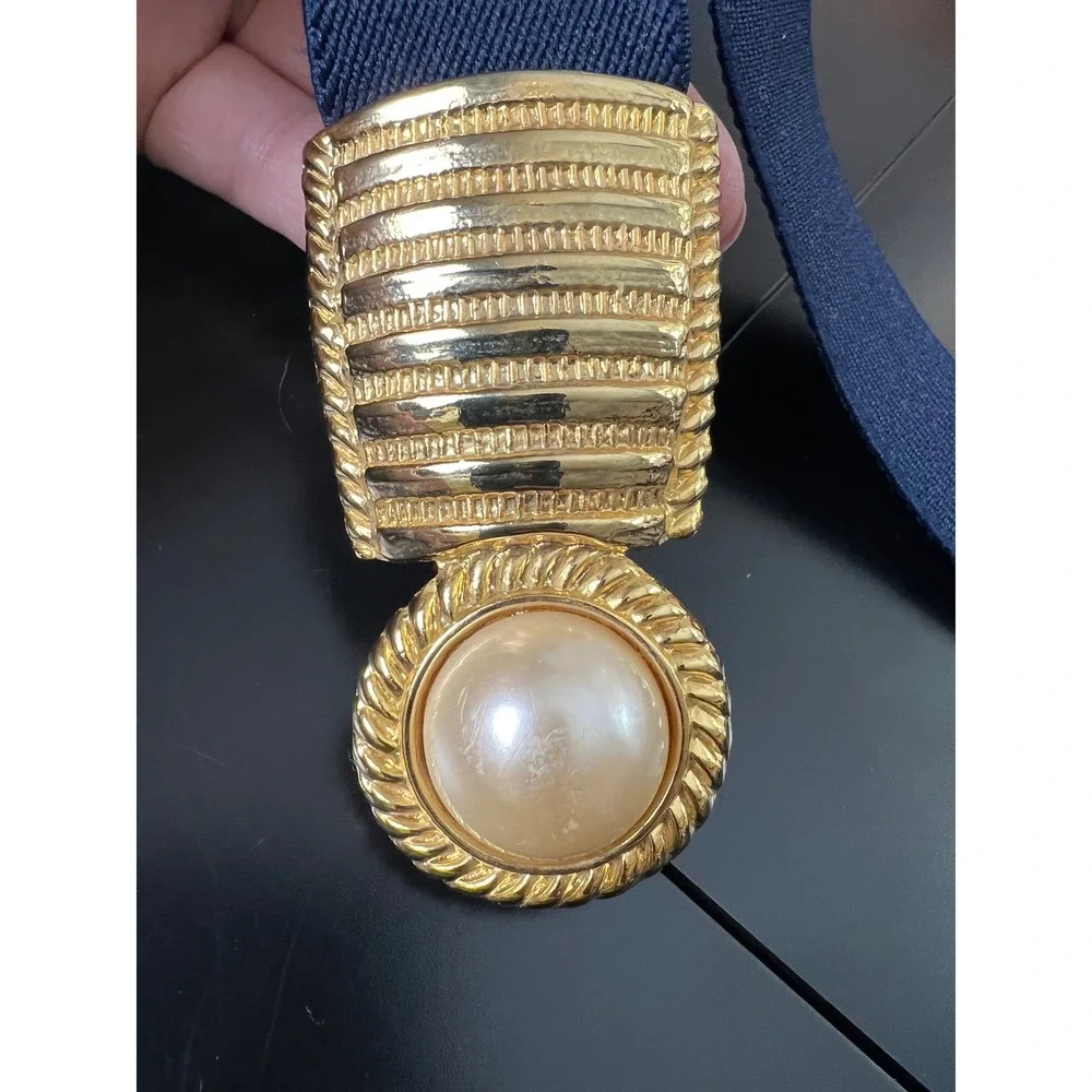 Day-Lor USA Vintage Navy Blue Elastic Cinch Belt‎ Gold Faux Pearl Buckle Retro